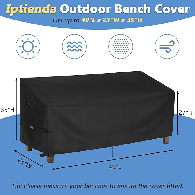 Outdoor Bench Cover for SERWALL Benches, 49inch Patio Bench Covers Waterproof Heavy Duty for Entryway Bench/Garden Benches, Black-49x23x35in