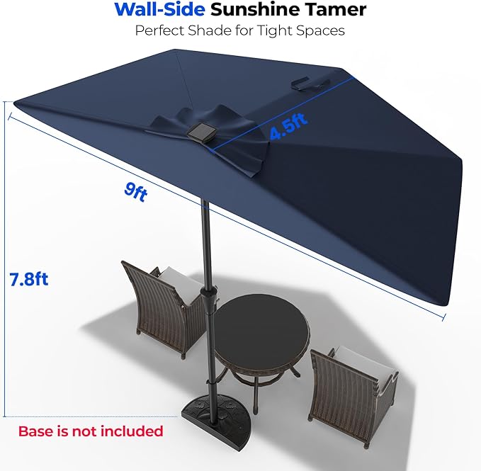 HOMSHADE 9FT Half Patio Umbrella with Solar LED Lights for Outdoor, Waterproof Half Umbrella for Small Spaces, Balcony, Deck(Navy Blue)