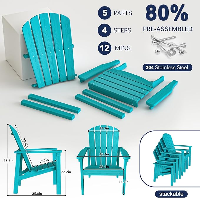 nevilywood Compact Stackable Adirondack Chairs Set of 2,HDPE,380lbs,Aruba | 26.3" Wide HDPE.All-Weather Outdoor.Maintenance-Free.Stackable for Storage.25°Curved Straight Backrest.Quick Assembly