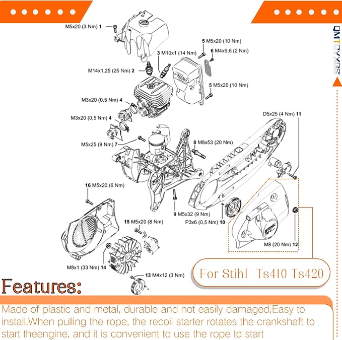 Recoil Starter for STIHL TS410 TS420 Concrete Cut Off Saw 4238-190-0300 | Replacement for TS410Z TS420Z TS480i TS500i