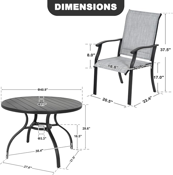 NUU GARDEN 5-Piece Patio Dining Set with Umbrella Hole, Outdoor Furniture Set Includes Round Patio Table, 4 Textilene Dining Chairs, Outdoor Dining Set for Backyard Garden Poolside, Gray and Black