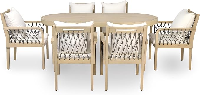 Christopher Knight Home Domac Acacia Wood Dining Table Set for 6, Solid Wood Outdoor Dining Set for 6, Oval Patio Dining Table and Chair Set with Cushion & Rope Accent, Cream Beige+Grey+Light Teak