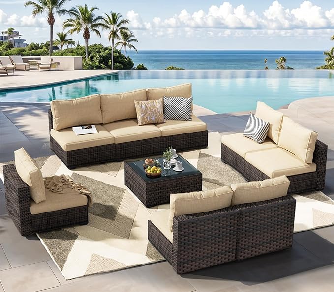 Patio Furniture Set 9 Piece All Weather PE Rattan Outdoor Sectional Sofa Couch with 8 x armless Sofa, No-Slip Cushions and Glass Top Table for Garden, Poolside, Backyard (Beige)