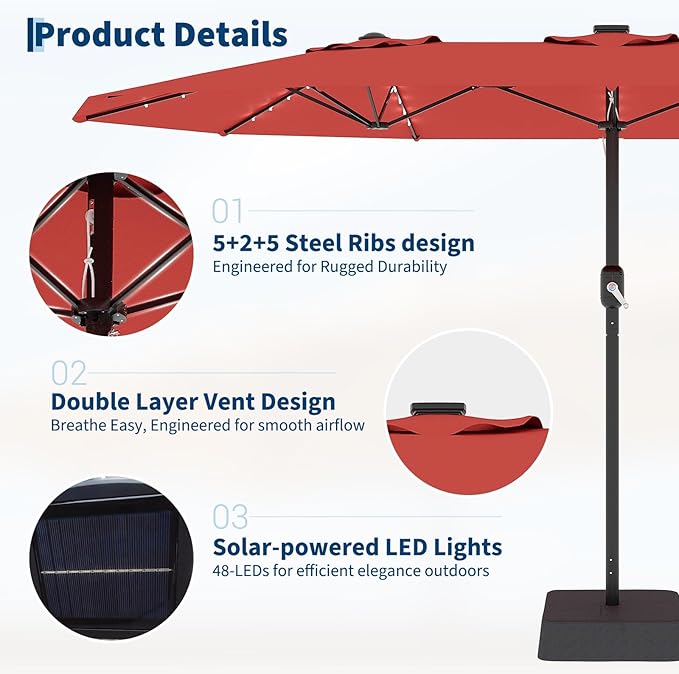 Garvee 15 ft Rectangular Patio Umbrella with Base Included - Large Patio Umbrella with Crank Handle 36 LED Lights, UV Protection for Outdoor Market, Backyard, Deck, Pool, Red