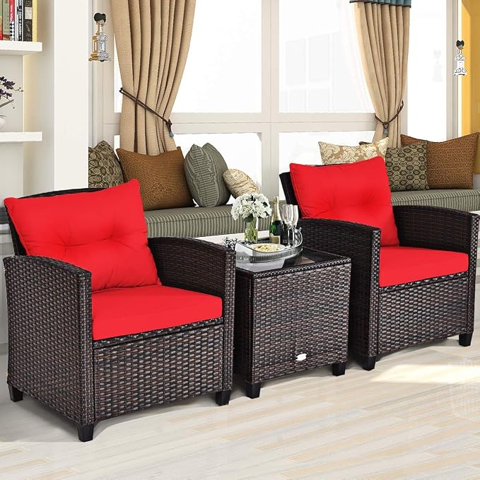 RELAX4LIFE 3 Piece Patio Furniture Set, Wicker Bistro Conversation Set w/ 2 Cushioned Armchairs & Glass Topped Table, Outdoor Rattan Sofa Set Patio Furniture for Porch Balcony Poolside (Red)