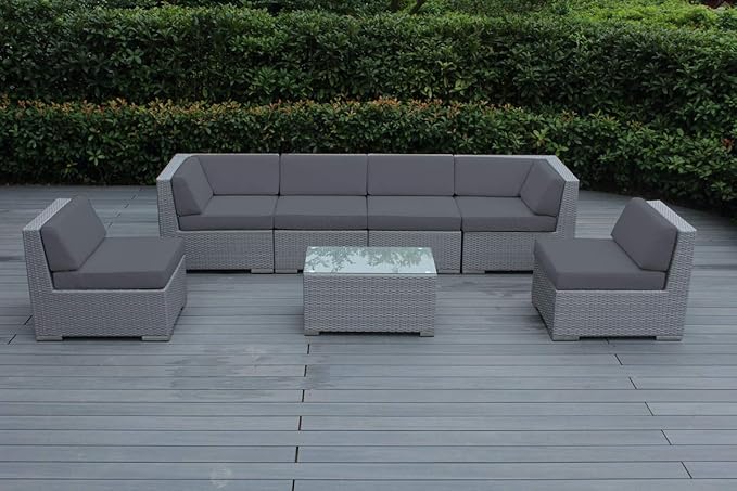 Ohana Depot 7-Piece Outdoor Patio Furniture Sectional Conversation Set, Gray Wicker with Gray Cushions - No Assembly with Free Patio Cover