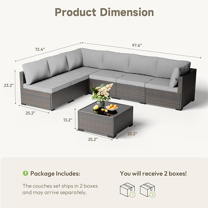 Patio Furniture Set - All-Weather - 7 Piece Patio Outdoor Conversation Set, Modular Wicker Rattan Sectional Sofa for Backyard, Garden, Poolside, Balcony, Porch, Patio, Brown/Light Gary