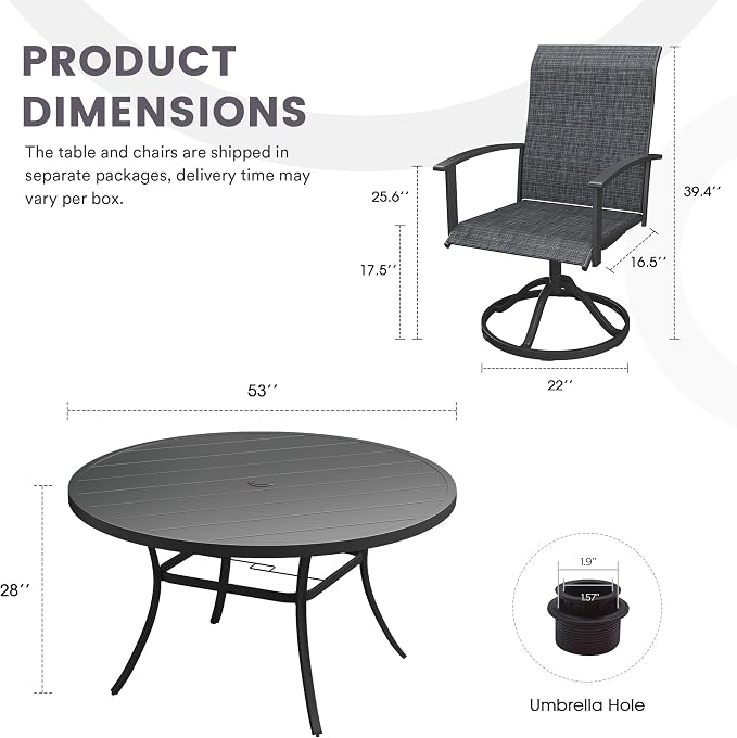 7 Pieces Outdoor Patio Dining Table Set, 53" All Weather Round Metal Table with Umbrella Hole and 6 High Back Textilene Swivel Chairs for Garden, Lawn, Poolside, Black