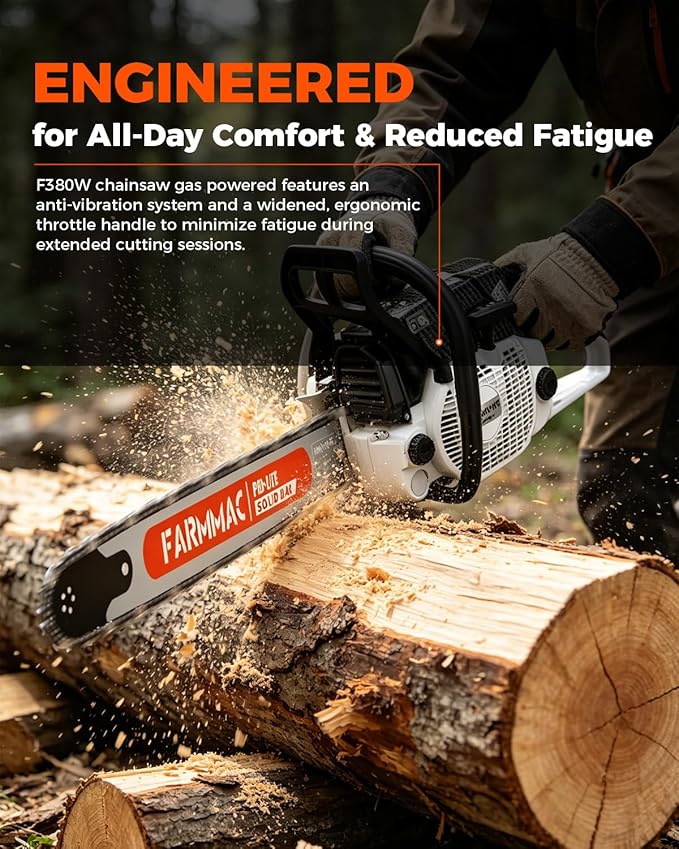 F380W Gas Chainsaw with 28 Inch Advance Bar, 72cc 2-Cycle Gasoline Power Chain Saws, 3.6KW 4.8HP for Professional Logging Work, Power Chain Saw All Parts Compatible with MS381 MS380 038