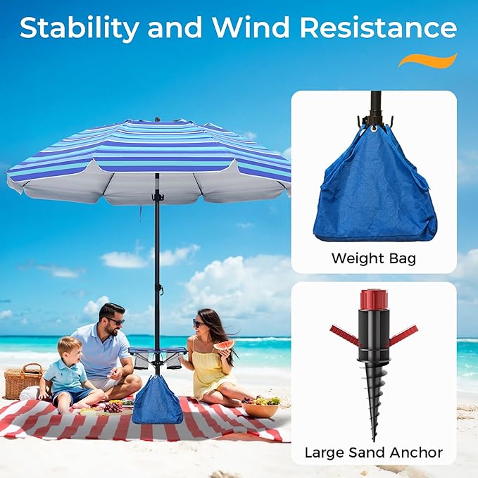 HOMEDEMO 8FT Large Beach Umbrella with Weight Bag & Sand Anchor, Outdoor Umbrellas with Adjustable Aluminum Pole and Table, Heavy Duty Windproof & UPF 50+