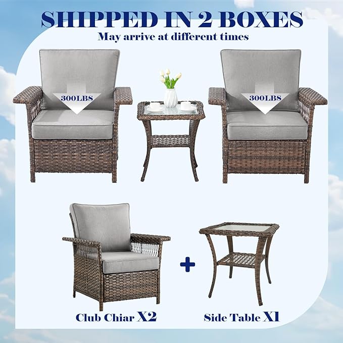 Outdoor Patio Chairs Wicker Chair - 3 Piece Rattan Patio Bistro Chairs Set with Sturdy Frame,All-Weather PE Wicker and Comfortable Cushions,1 Side Table for Outside Porch Deck Balcony(Brown/Grey)