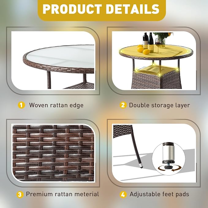 Patio Table for 4-Person with Glass Top, 31.5" Round Outdoor Wicker Dining Table, Double Layer Rattan Bistro Table for Backyard Deck Poolside, Outdoor Furniture Small Space, Brown