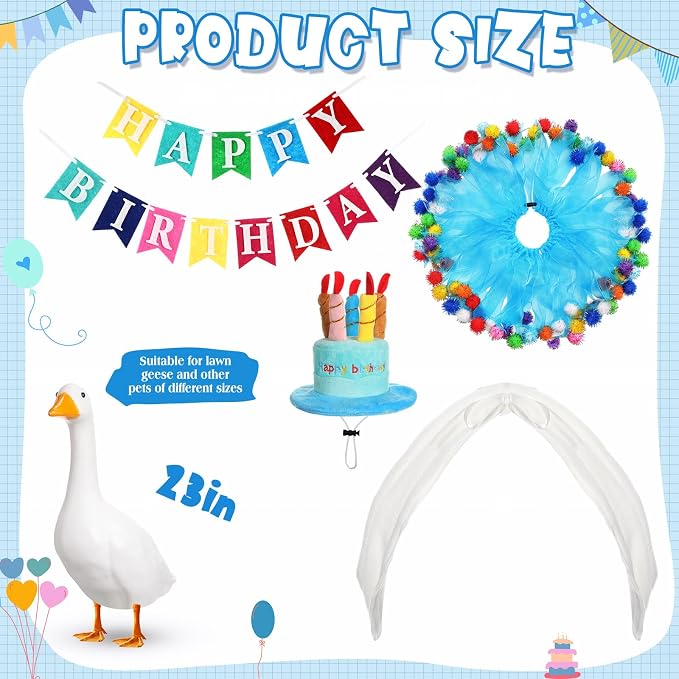 Abbylike 4 Pcs Happy Birthday Porch Goose Outfit for 23" Statues Poseable Porch Goose Wings Birthday Cake Hat for Lawn Patio Outdoor Geese Statue Decoration Accessories(Blue,Gauze Skirt Style)