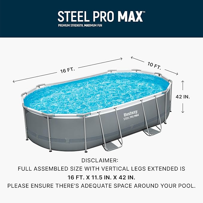 Bestway Steel Pro MAX 16' x 10' x 42" Above Ground Pool, Oval Metal Frame Outdoor Swimming Pool Set with Filter Pump, Ladder, and Cover, Gray