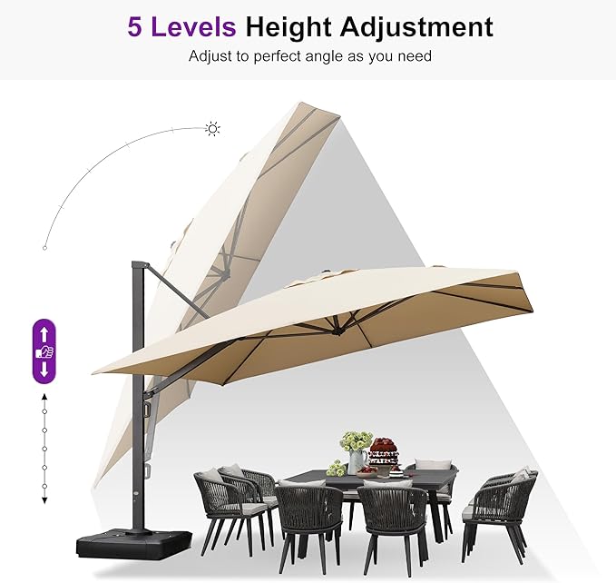 PURPLE LEAF 12 FT Square Patio Umbrella with Wheeled Base Large Offset Hanging Outdoor Cantilever Umbrella Included Base for Garden Pool Deck Backyard Beige