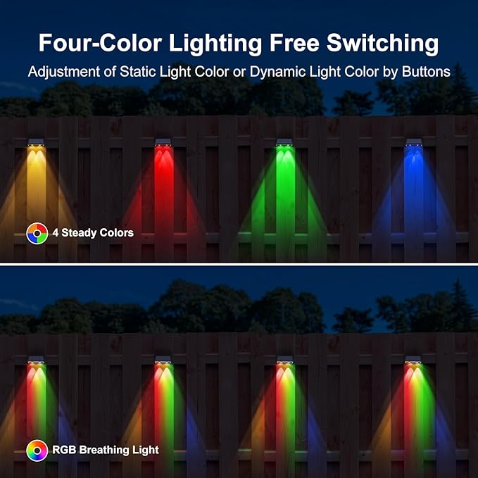 8 Pack Bright Solar Fence Lights Outdoor for Deck, Railing, Stair, Retaining Wall, Waterproof Led Accent Lamp Ambient Lighting with Spot Len for Patio, House (5 Mode Multicolor, 8 Pack)