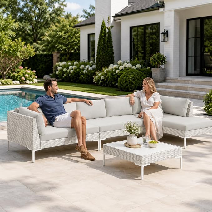 K Knowbody Patio Sectional Furniture Set, 4 Pieces All-Weather Rattan Modular Sofa, Deep Seating Outdoor Sectional Set with 9.4" Thick Back Cushions & Coffee Table, Low Profile, White&Gray