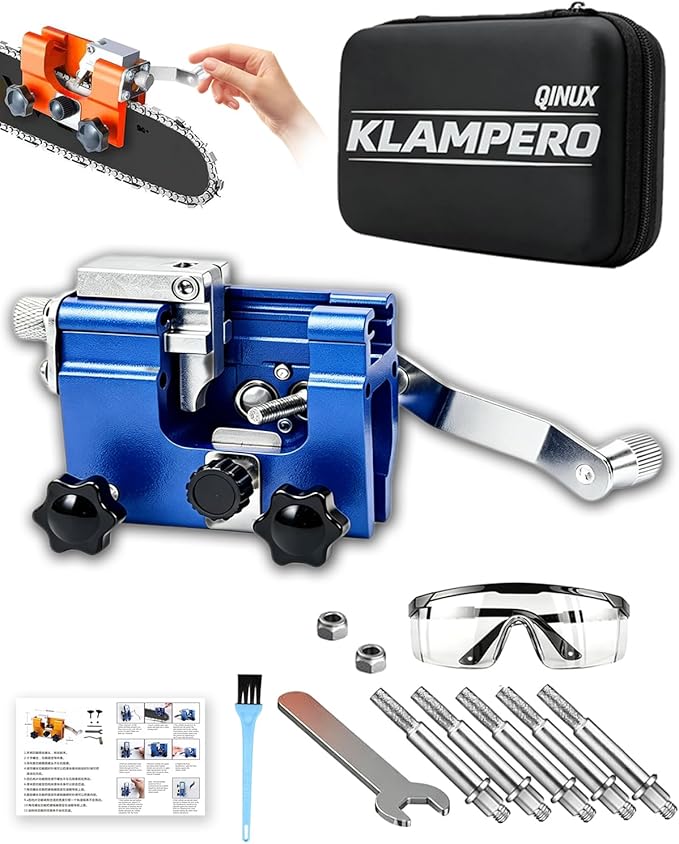 Chainsaw Sharpener Tool, Hand Crank Chain Saw Sharpener with 30° Angle Guide & Adjustable Clamp, Portable Chainsaw Kit for 4-22" Chains Gas & Electric Chainsaws (Blue-Small+5 Head)