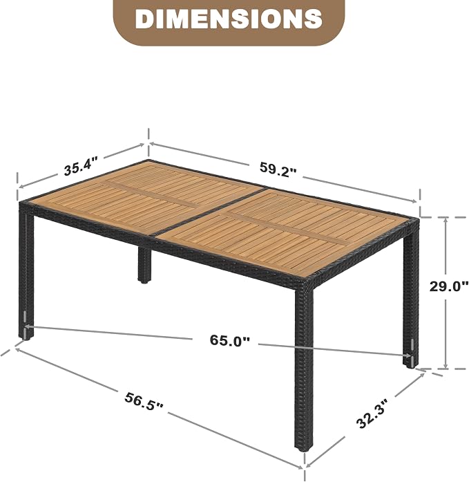 NUU GARDEN 59 x 35 Inch Outdoor Patio Dining Table for 6, Acacia Wood Slatted Tabletop with Rattan Wrapped Metal Frame, All Weather Outdoor Table for Garden Backyard Lawn, Black