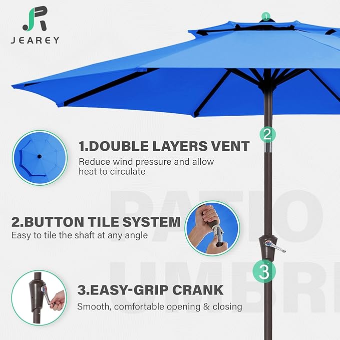 JEAREY 9' 2-Tiers Patio Umbrellas Outdoor Table Market Umbrella w/Push Button Tilt/Crank, 8 Sturdy Ribs, UV Protection Waterproof Sunproof(Royal Blue)