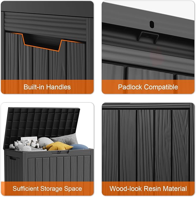 DRATO 50 Gallon Outdoor Storage Box Waterproof, Lockable Resin Deck Box with Lid for Patio Furniture Bench, Pool Garden Tools, Weatherproof Outside Storage Bin for Backyard Porch (Black, 50 Gallon)