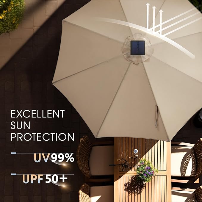 wikiwiki 9FT Solar Led Patio Umbrella with Base Included, 32 LED Lights, 8 Sturdy Ribs, Fade Resistant Waterproof POLYESTER DTY Canopy for Garden, Lawn, Deck, Backyard & Pool, Beige