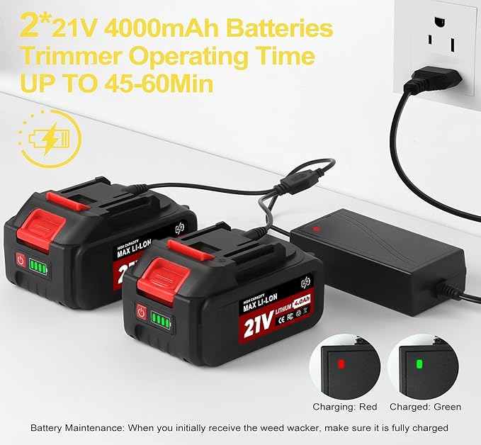 Electric Weed Wacker Cordless, Battery Powered Weed Eater String Battery, 21V Electric Weed Eater, for Lawn, Bush Trimming(with 2 x 4.0Ah Batteries and Fast Charger Included)（Huang）