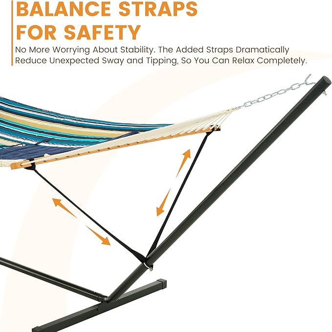 Lazy Daze Hammocks 2 Person Portable Hammock with 12FT Stand, Double Hand Woven Cotton Rope Hammock with Detachable Quilted Pad & Pillow for Outside, 450lb Capacity, Beach Stripes
