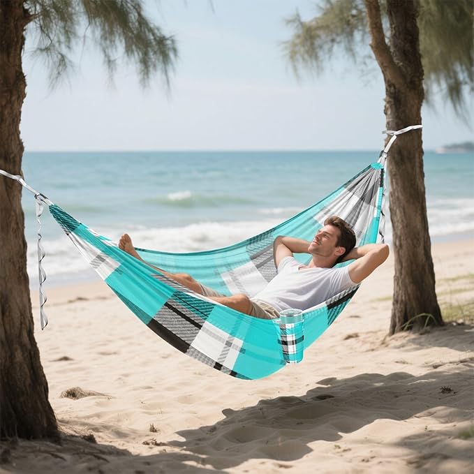 Black White Blue Checkered Plaid 330lb Capacity Camping Hammocks with Tree Straps Hanging Hammock for Camping & Hiking Essential Silla colgante para Patio Exterior