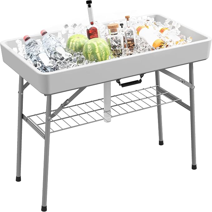Outsunny 3.4ft Folding Ice Cooler Table with Drain, Fill and Chill, Outdoor with Storage Shelf, Drink Cooler for Parties Picnic BBQ Camping Wedding, White