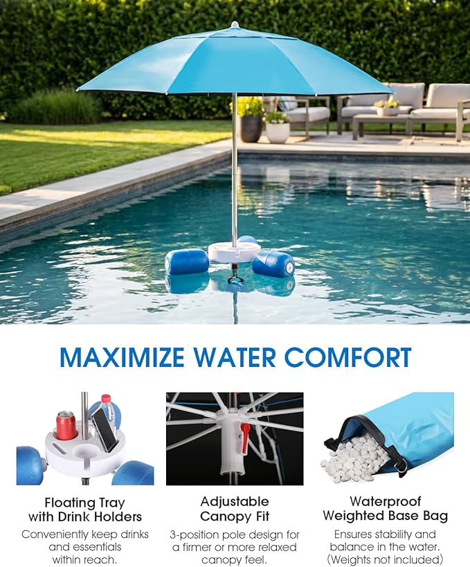 Floating Pool Umbrella 6.6ft - Portable UV Sun Shade Canopy with 3 Drink Holders, Stability Anchor Bag & Secure Floating Design - In-Water Use for Swimming Pools, Lakes, Beach and Outdoor Leisure