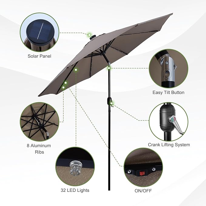 Backyard Expressions 9FT Solar Patio Umbrella with 32 LED Lights, UPF50+ UV Protection, Fade-Resistant Fabric, Easy Tilt & Crank, Outdoor Umbrella for Patio, Deck & Pool (Base Not Included)