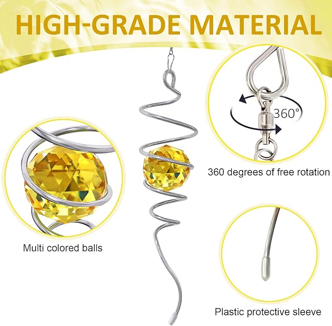 Gazing Ball Spiral Wind Spinner Tail - Golden Crystal Glass Ball | Wind Spinners Stabilizer with S Hook | Hanging Rotating Art for Garden Patio Indoor/Outdoor Creative Ornament & Gift, 13in