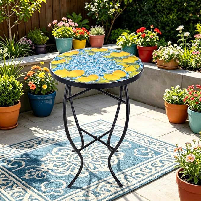 14 Inch Mosaic Patio Side Table with X-Curved Legs, Indoor Outdoor Accent Round End Table with Ceramic Tile Tops for Yard, Garden, Living Room, Bistro, C - Lemon & Blue Tile