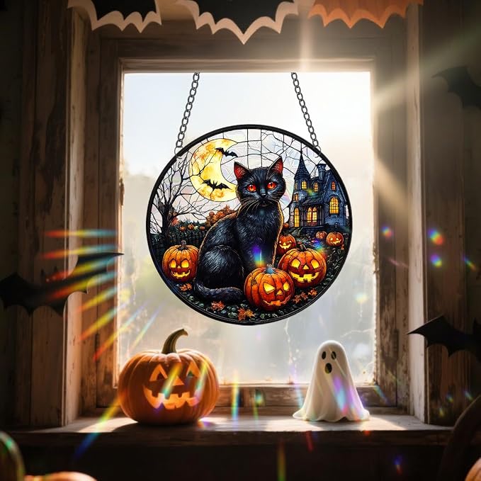 Acrylic Halloween Sun Catcher - 7.87 Inch Black Cat Round Suncatcher for Window Hanging Decoration - Creates Indoor Rainbows Light Refraction - Spooky Ghost, Witch, Pumpkin Design