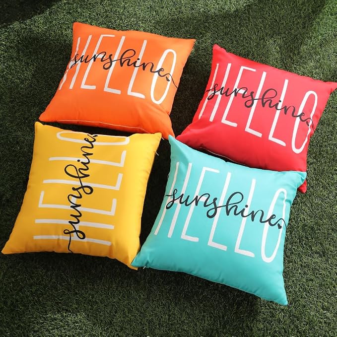 DFXSZ Orange Outdoor Waterproof Pillow Covers 20x20 Set of 2 | Hello Sunshine Decor Summer Fall Polyester Pillow Covers(NO INSERTS)| Decor for Patio Funiture Garden Sofa Couch