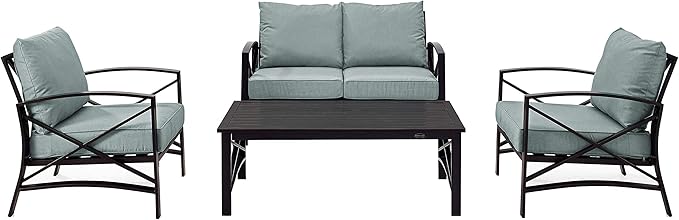 Crosley Furniture Kaplan 4-Piece Outdoor Loveseat Patio Furniture Set, Conversation Sets for Porch, Deck, Oiled Bronze with Mist Cushions