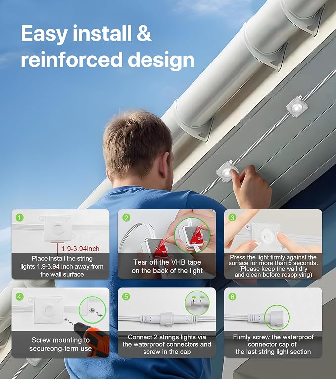 RGB+IC Permanent Outdoor Lights, DIY Lighting Effects, 200FT | Permanent Outdoor Lights with 120 LEDs, App & Remote Control, Timer, IP65 and Dynamic Effects for Yards, Home