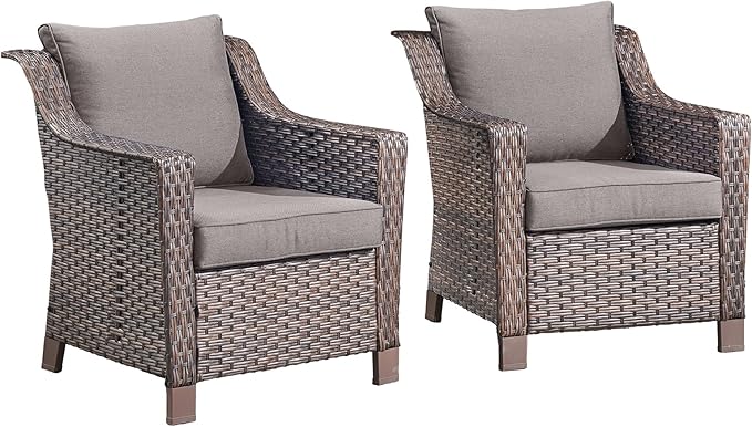 Outdoor Wicker Chair Set of 2-Outdoor Patio Chairs with Deep Seating Patio Dining Chairs for Deck Balcony Poolside Backyard-Brown/Grey