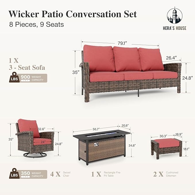 HERA'S HOUSE 8-Piece Patio Furniture Set with Swivel Chairs & Fire Pit Table, High Back Outdoor Conversation Sets with 5.5" Thick Cushions, All-Weather Wicker Deep Seating Sofa with Ottomans, Red