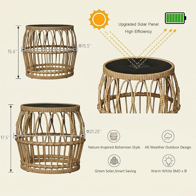 Solar Outdoor Side Table Set of 2, Boho Nesting Tables with Integrated Lighting, Round Rattan Coffee Tables for Patio, Balcony, Poolside & Porch