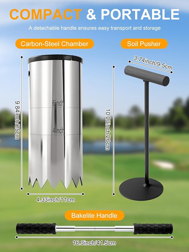Portable Golf Hole Cutter – Detachable Non-Slip Handle, 4Inch & 6Inch USGA Standard 304 Stainless Steel Hole Digger, Backyard, Garden & Outdoor Golf Putting Green Practice