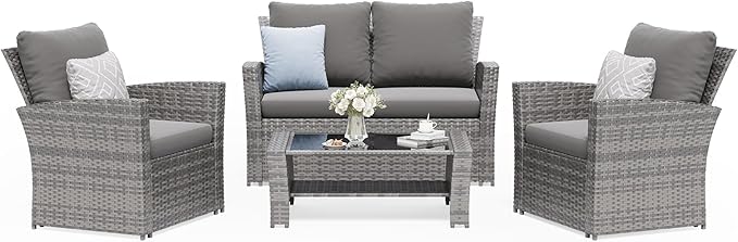 Amopatio 4 Piece Outdoor Wicker Patio Furniture Set, PE Rattan Sectional Sofa with Thick Cushions & Tempered Glass Table, Weather-Resistant Patio Conversation Sets for Balcony, Backyard, Grey
