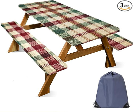 ANNA QUEEN Classic Plaid Picnic 6FT Picnic Table Cover with Bench Covers Set of 3 with Drawstring Bag, Checkered 72"x30" Waterproof Picnic Tablecloth & Bench Covers for Outdoor BBQ