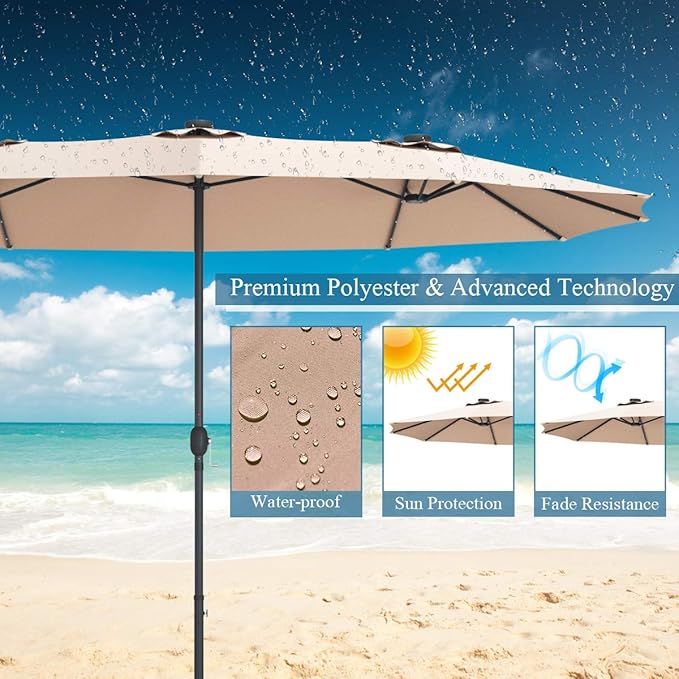 Tangkula 15 Ft Double Sided Patio Umbrella with Solar Lights, Extra Large Rectangle Outdoor Umbrella with 36 LED Lights & Crank Handle for Deck, Poolside, Garden, Backyard (Beige)