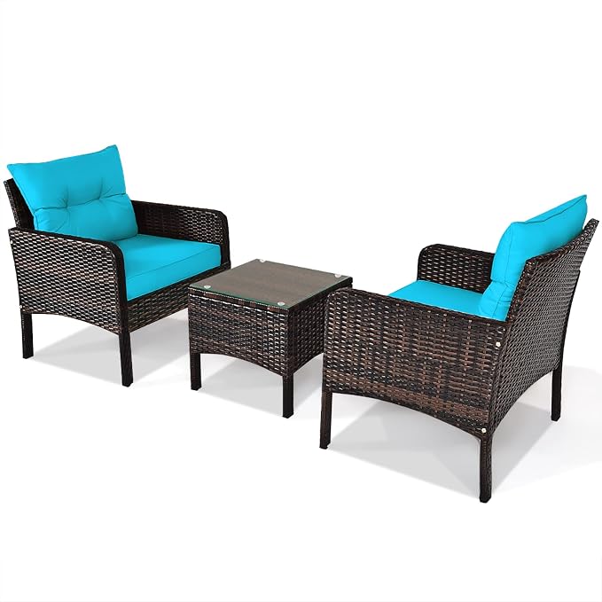 KOTEK 3 Piece Patio Furniture Set, Outdoor Wicker Conversation Bistro Set with 4 Cushions, All Weather PE Rattan Furniture Set for Garden, Backyard, Porch, Poolside (Turquoise)