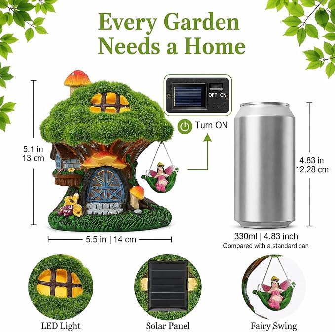 TERESA'S COLLECTIONS Fairy House Outdoor Statues with Solar Light for Garden Decor, Green Moss Resin Outdoor Cottage with Swinging Fairy, Lawn Ornaments Yard Decor Gifts for Mom Women, 5.1"