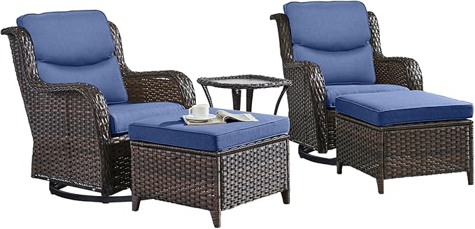 Rilyson Wicker Patio Furniture Set - 5 Piece Rattan Outdoor Sectional Conversation Sets with 2 Swivel Rocking Chairs,2 Ottomans and 1 Side Table for Porch Deck Garden(Brown/Blue/Smile)