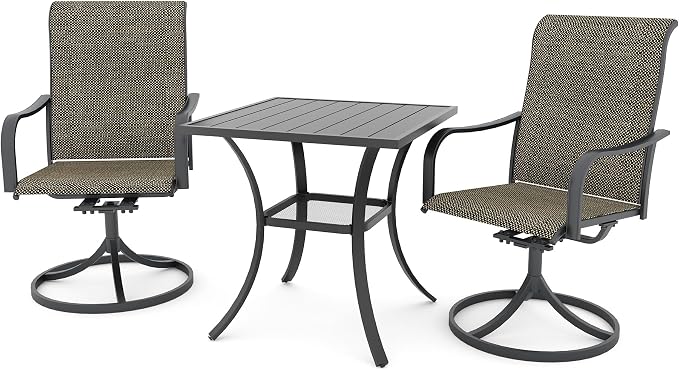 Anmutig 3-Piece Outdoor Patio Dining Set, 27.5" Square Table with 2 Swivel Rocking Patio Chairs Furniture Set for Kitchen Garden, Backyard, Light Tan