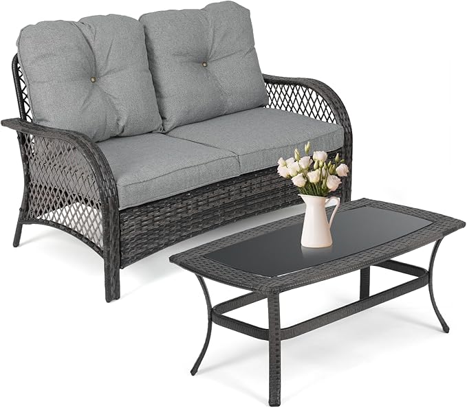 Athena Collection Outdoor Furniture Set Patio Loveseat and Table Set of 2, PE Rattan Sofa Conversation Set Double Chair Match Thickened Cushion and Coffee Table for Garden Porch Yard, Gray